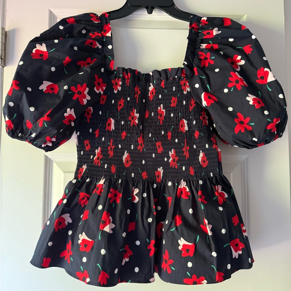 Kate Spade Whimsy Floral Puff Sleeve Top - Navy and Red NWOT - Picture 4 of 7